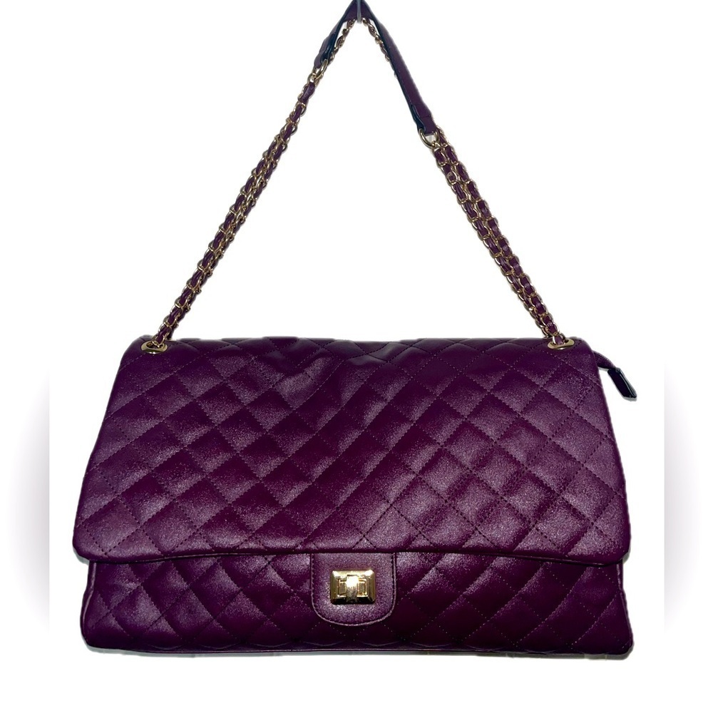 Quilted Luggage Tote W/Chain Strap, Plum & Gold-tone Hardware, Turn lock